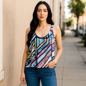 AMANDA U COLORFUL PINK BLUE WHITE STRIPED FLORAL PULLOVER TANK TOP S